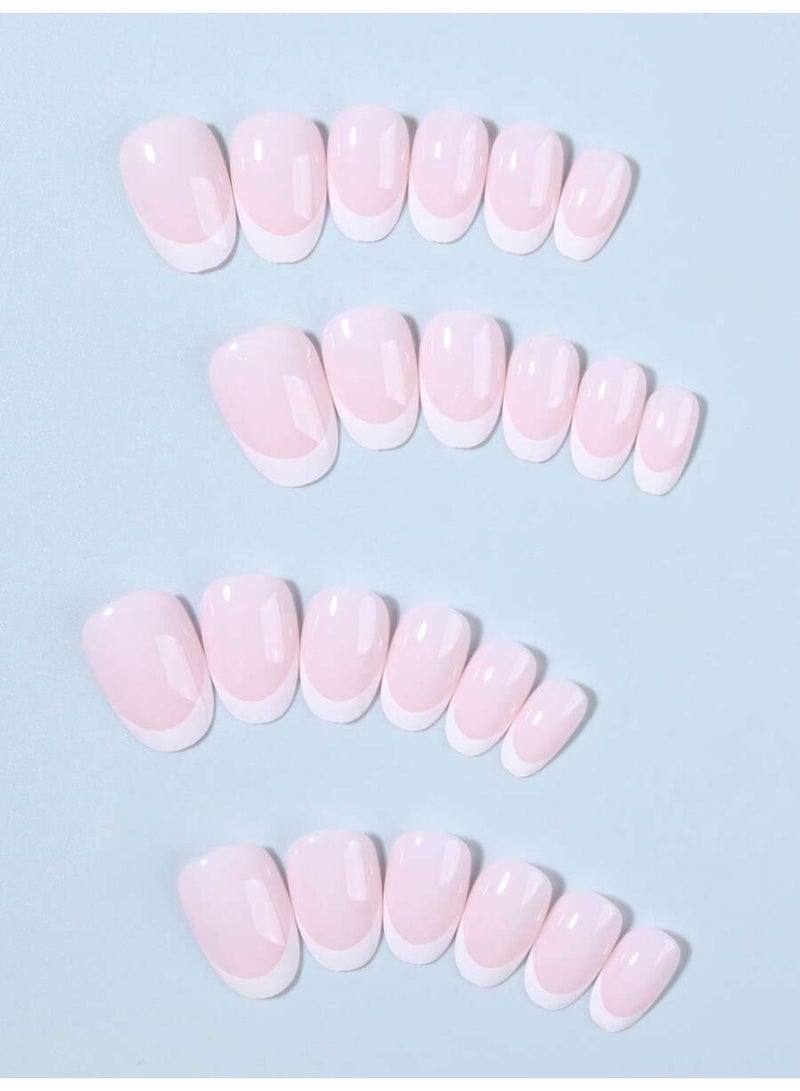 أظافر تركيب فرنسي قصيرة بيضاوية 24 قطعة – لون وردي ناعم مع أطراف بيضاء بتغطية كاملة مع جل ومبرد - Image 2